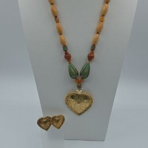 LR Lady Remington Colorful Medallion Necklace Wooden Beads And Earrings